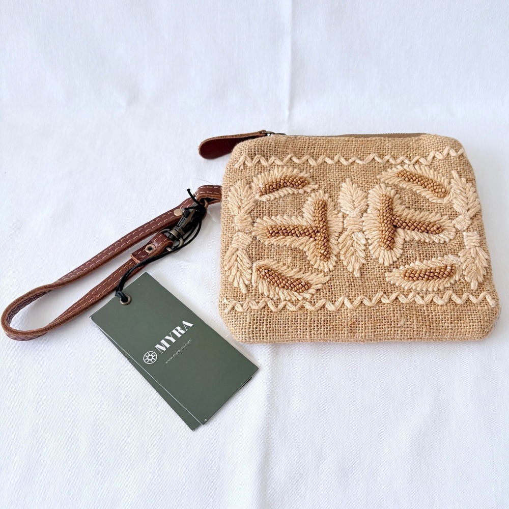 Myra Wristlet Pouch Tan Beaded Embroidered Jute Leather Strap Boho Bag